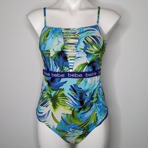 ✨3/$15  Bebe blue green tropical foliage one piece swimsuit M/L
